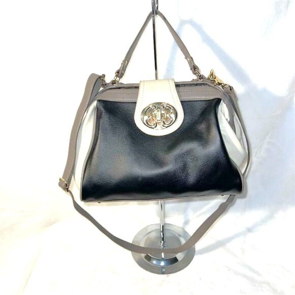 Emma Fox Women's Black, Cream & Taupe Leather Satchel Handbag Medium Size